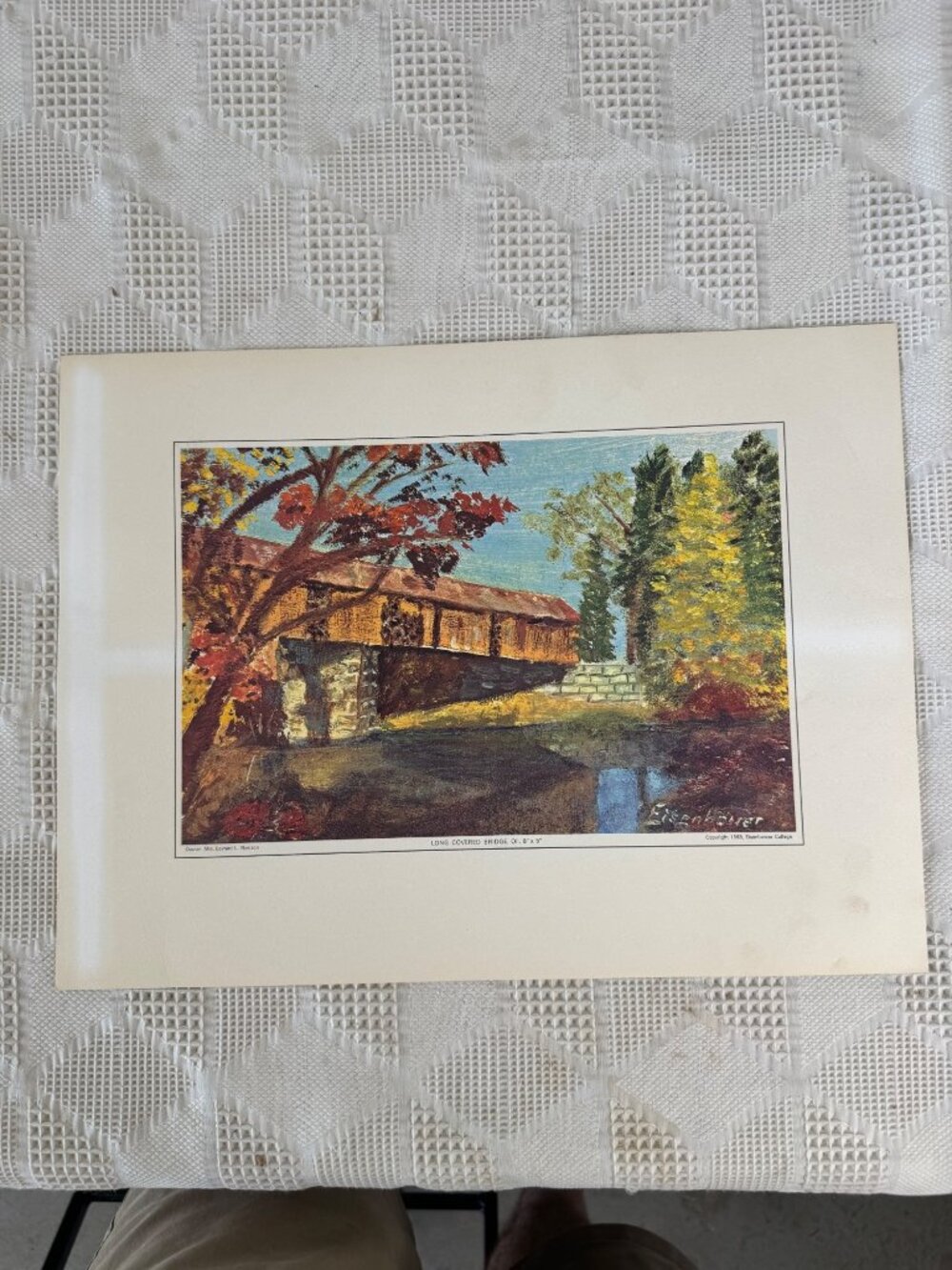 Long Covered Bridge Eisenhower College 1968 Oil Print Autumn Landscape Vintage